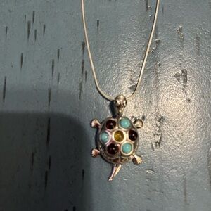 New Silver Turtle Pendant Necklace with Turquoise and Brown Accents